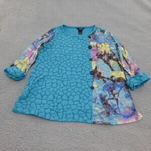 Ali Miles Top Womens M Textured Tunic Abstract Asymmetrical Button Artsy Blue